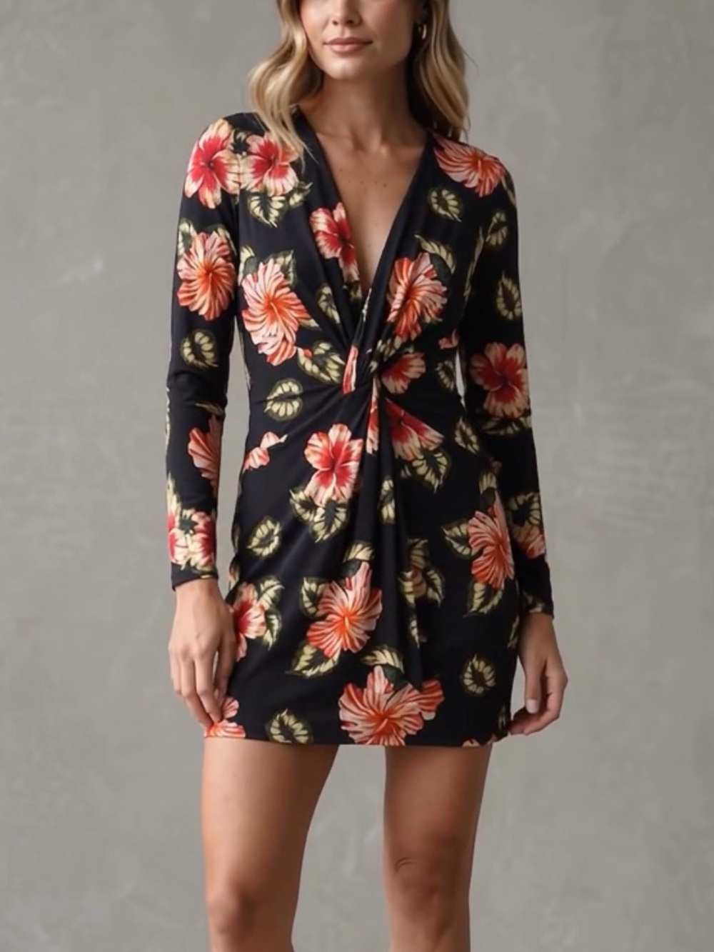 Le Superbe Black Floral Hibiscus Twist-Front Mini Dress - Women's (L) NWT